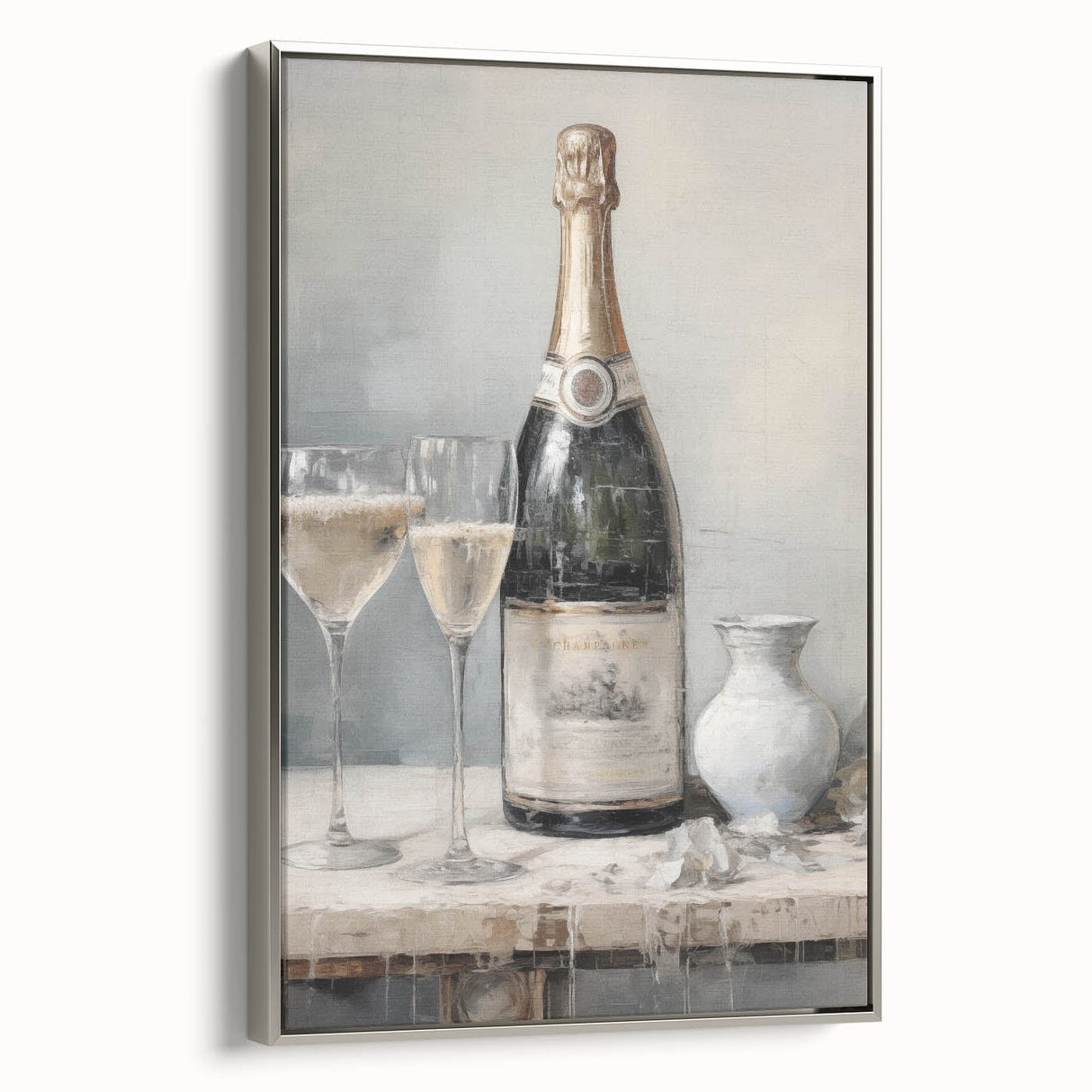 Winter landscape art painting on framed canvas, featuring a snowy scene in muted grays and blues.