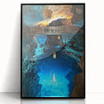 Framed acrylic artwork showcasing a serene landscape with intricate cave formations, presented in a sleek black frame, perfect for modern home decor.