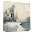 Abstract architectural wall art design printed on acrylic glass, showcasing vibrant colors and unique geometric patterns, displayed with metal pins for a modern aesthetic.