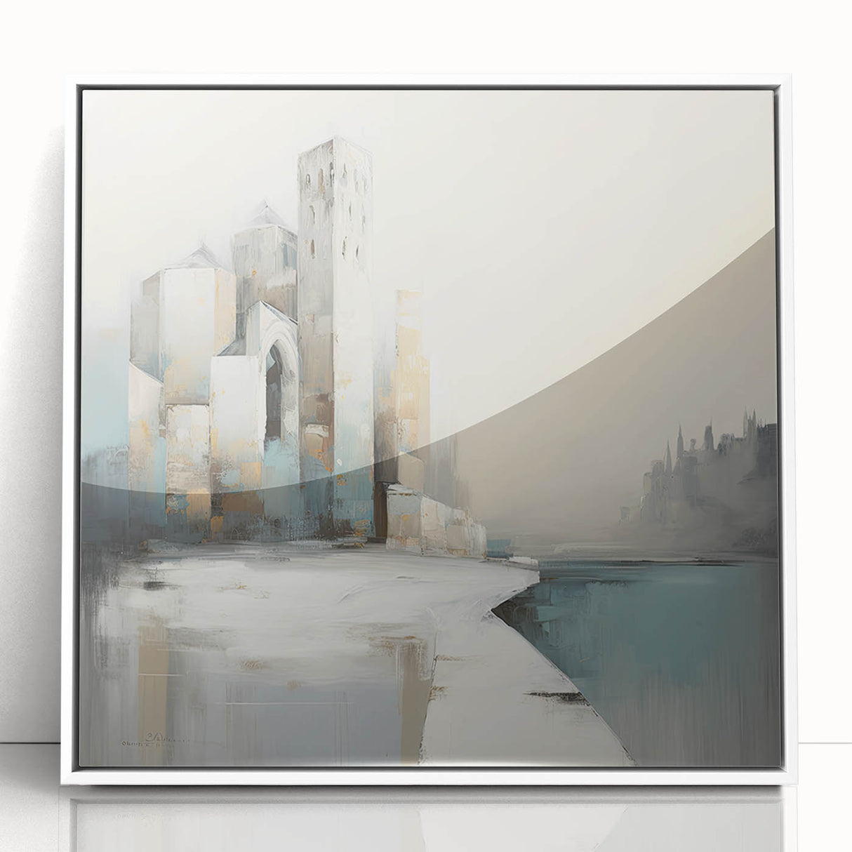 Framed abstract architecture wall art with a sleek white background, emphasizing geometric shapes and modern design, perfect for contemporary decor.