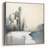 Framed abstract architecture wall art in silver, showcasing modern geometric shapes and lines, perfect for contemporary home decor. Side view highlights the sleek design and elegance.