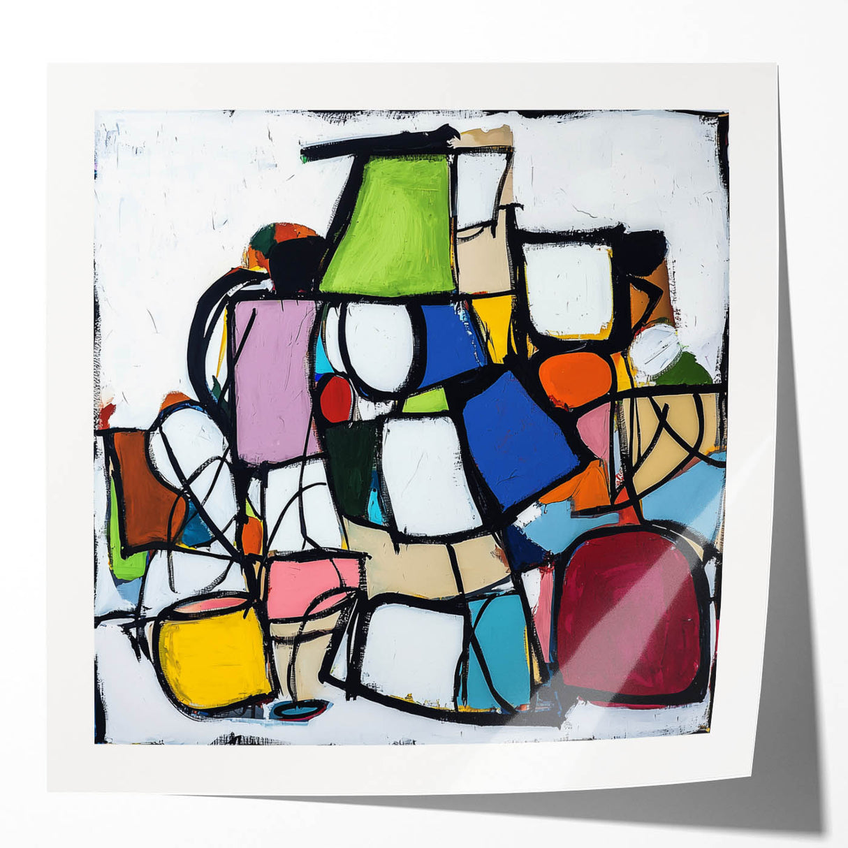 Abstract geometric photo print mockup featuring a glossy finish, showcasing vibrant colors and unique shapes, ideal for modern home decor or art display.