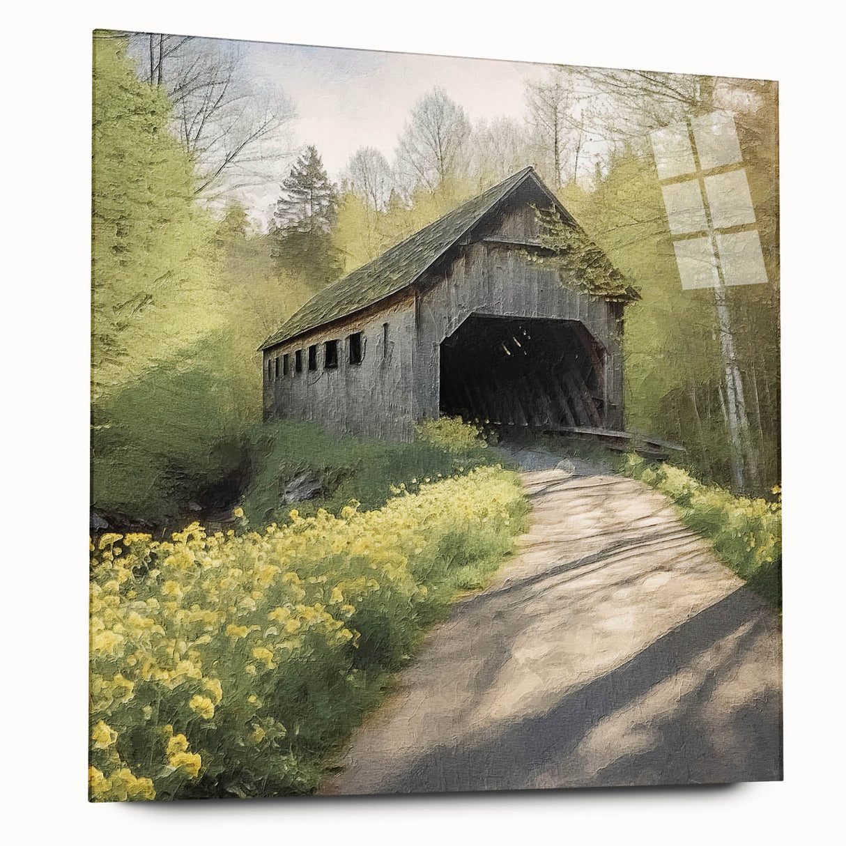Acrylic print of a large abstract depiction of a covered bridge, in muted gray and blue tones.