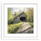 Abstract art print of a covered bridge in muted gray tones on a framed white mat, ideal for dining room decor.