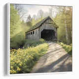 Vintage poster art of a covered bridge in muted black and white on framed canvas, ideal for living room decor.