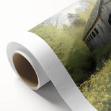 Art Deco style poster of a covered bridge in muted earth tones, printed on rolled canvas, suitable for nursery wall art.