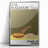 Mid-century modernist art depicting various colorful food dishes on a silver framed acrylic, ideal for modern kitchen decor.