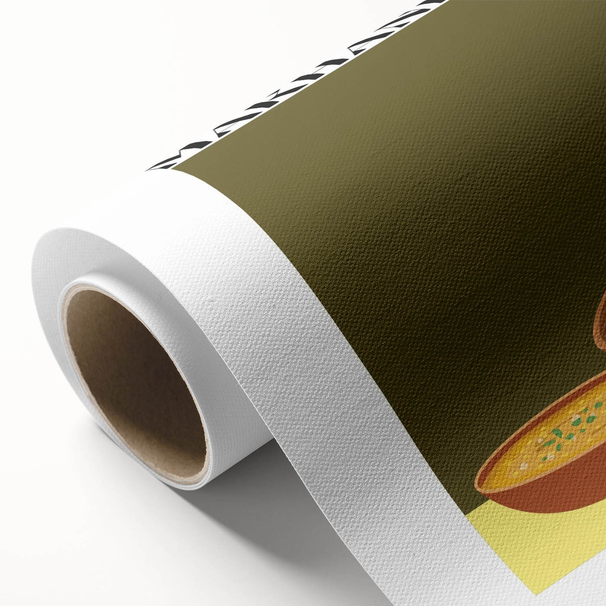 Art deco poster featuring an array of colorful food dishes on rolled canvas, suitable for dining room wall art.