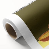 Art deco poster featuring an array of colorful food dishes on rolled canvas, suitable for dining room wall art.