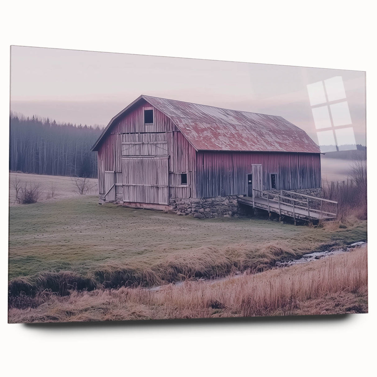 Side view of a landscape barn design printed on acrylic glass, showcasing vibrant colors and modern aesthetics, perfect for home decor or art enthusiasts.