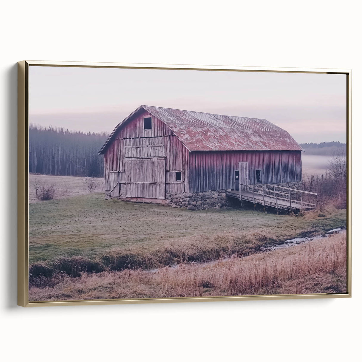 Framed landscape canvas showcasing a rustic barn scene with gold accents, displayed at a side angle, perfect for farmhouse decor enthusiasts. Ideal for enhancing interior aesthetics.