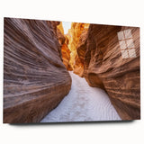 Acrylic glass artwork showcasing vibrant canyon landscapes in warm hues, displayed in a side view without pins, ideal for modern home decor. Perfect for art enthusiasts seeking unique wall displays.