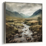 Framed landscape wall art showcasing a serene countryside scene with vibrant green fields and a peaceful sky, presented in a silver frame, perfect for home decor.