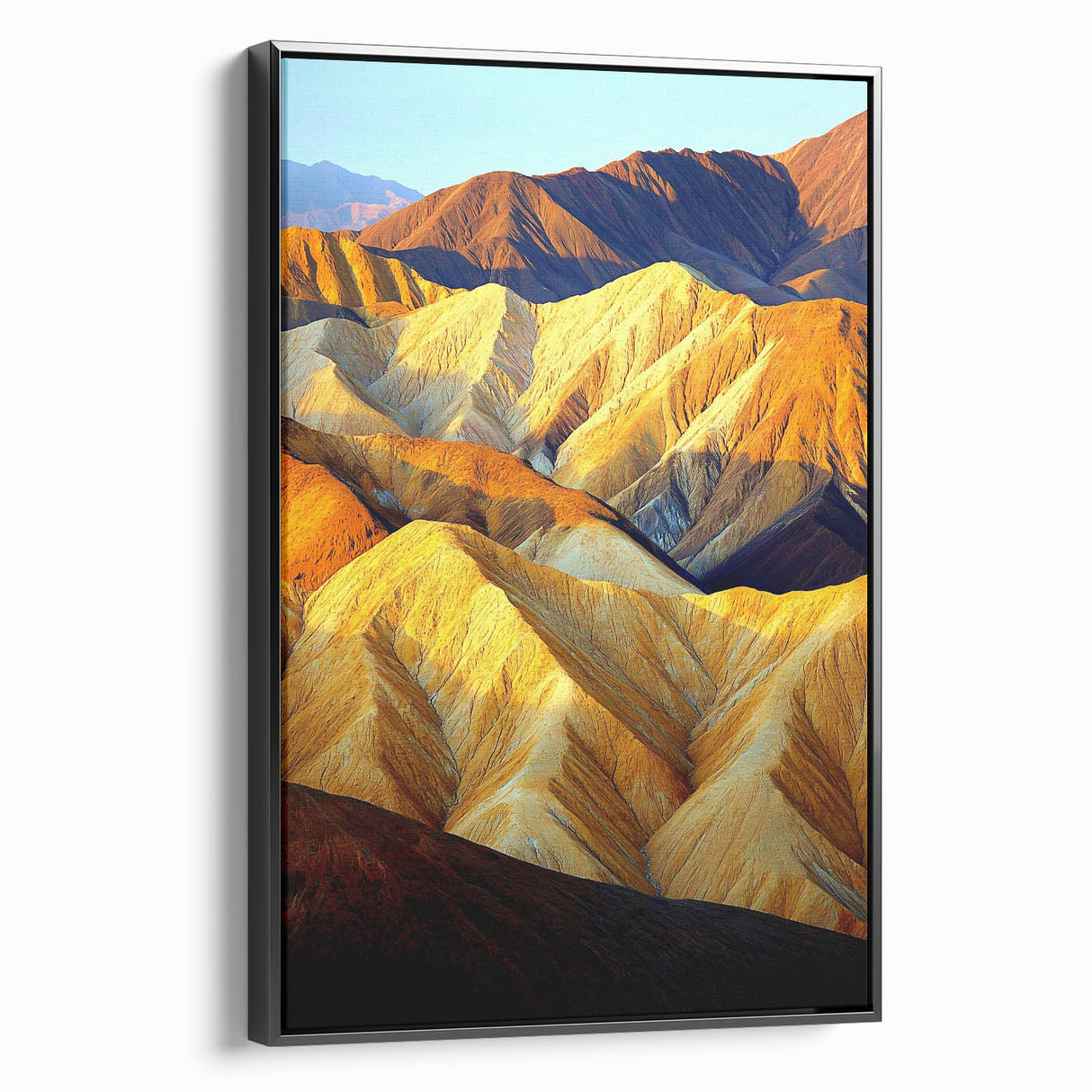 Framed canvas artwork showcasing a stunning desert landscape, featuring warm earthy tones and intricate details, presented in a sleek black frame for modern decor.