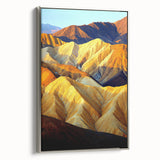 Framed canvas artwork depicting a striking desert landscape with vibrant colors, silver frame, and side view showcasing depth and texture, ideal for home decor.