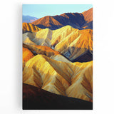 Vibrant stretched canvas artwork depicting a serene desert landscape at sunset, featuring warm hues of orange and yellow with silhouetted cacti, perfect for home decor.
