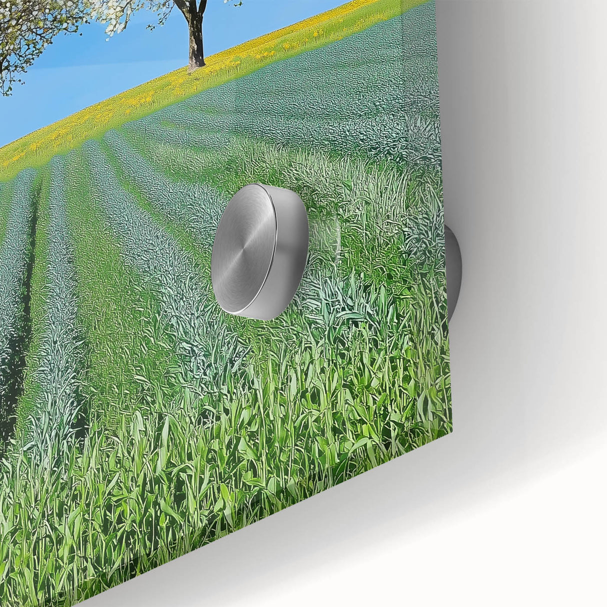 Close-up of a vibrant acrylic landscape design showcasing lush green fields under a bright blue sky, ideal for home decor and art enthusiasts. Perfect for adding nature-inspired elegance to any interior setting.