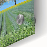 Close-up of a vibrant acrylic landscape design showcasing lush green fields under a bright blue sky, ideal for home decor and art enthusiasts. Perfect for adding nature-inspired elegance to any interior setting.