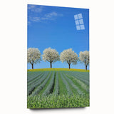 Acrylic wall art showcasing a vibrant landscape of rolling green fields under a bright blue sky, viewed from the side without pins, perfect for modern decor.