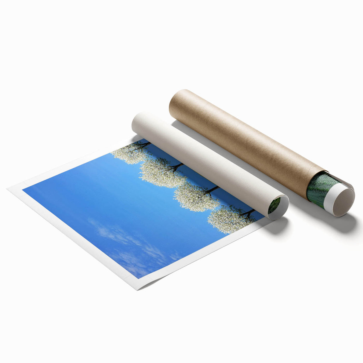 Vibrant rolled canvas print depicting a serene landscape of rolling fields under a clear sky, showcasing lush green hues and warm earth tones, ideal for home decor.