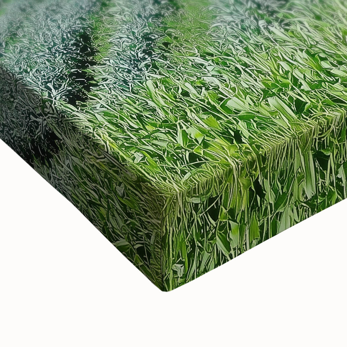 Close-up of a stretched canvas print showcasing vibrant fields landscape artwork with rich greens and yellows, ideal for home decor or office enhancement.