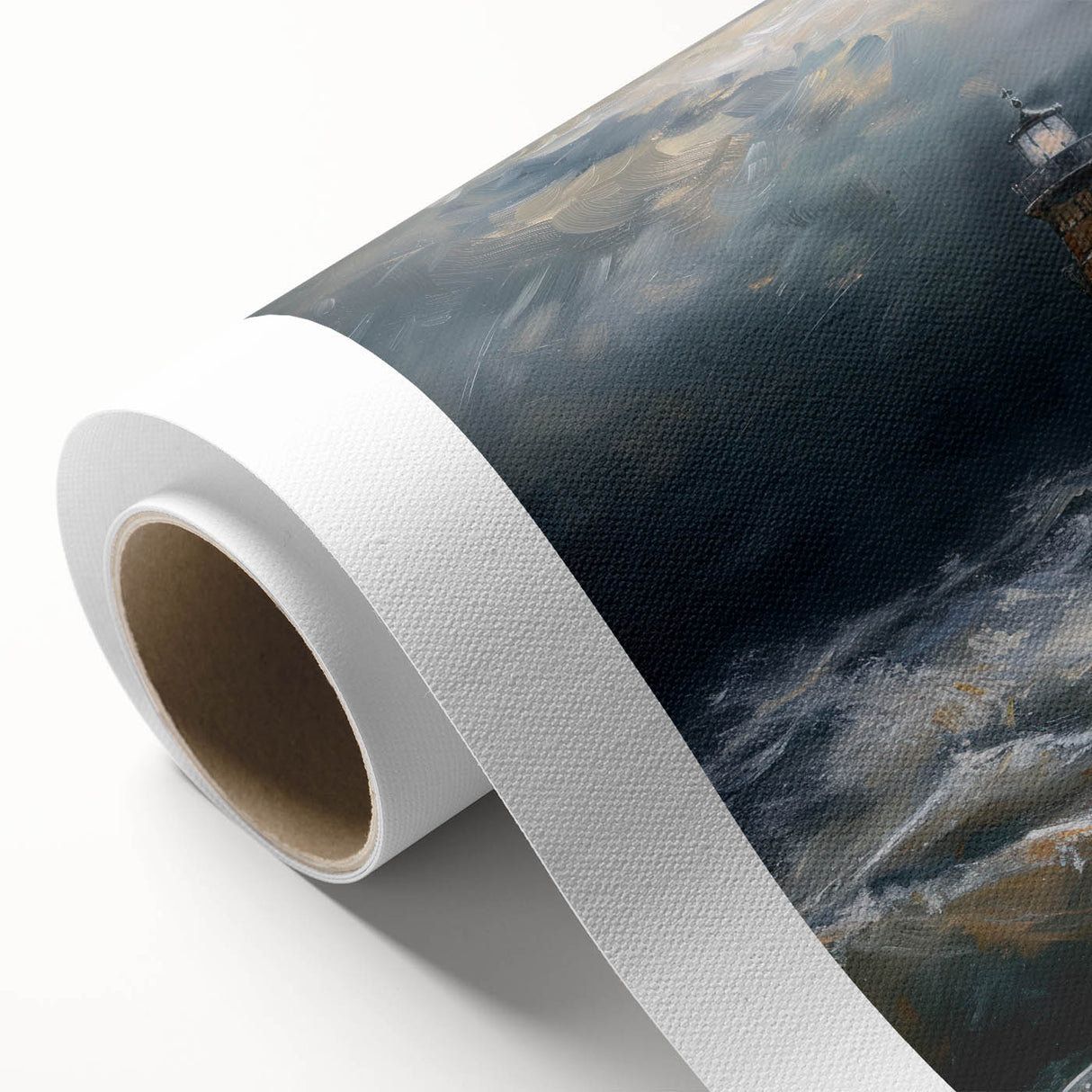 Rolled canvas showcasing a vibrant landscape design with rich colors and intricate details, elegantly packaged in a durable cardboard tube for protection. Perfect for home decor enthusiasts seeking unique wall art.