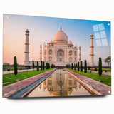 Large abstract wall art depicting an Asian scenery in muted earth tones on acrylic glass, suitable for dining room decor.