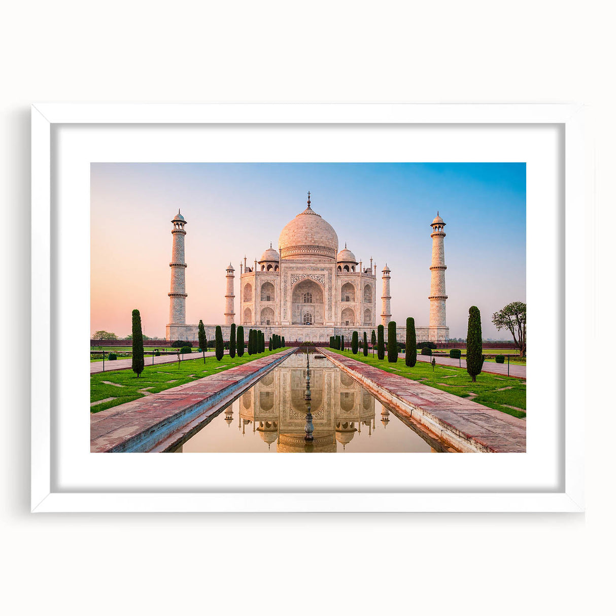 Abstract art print of an Indian landscape in muted earth tones, framed with a white mat, suitable for dining room decor.