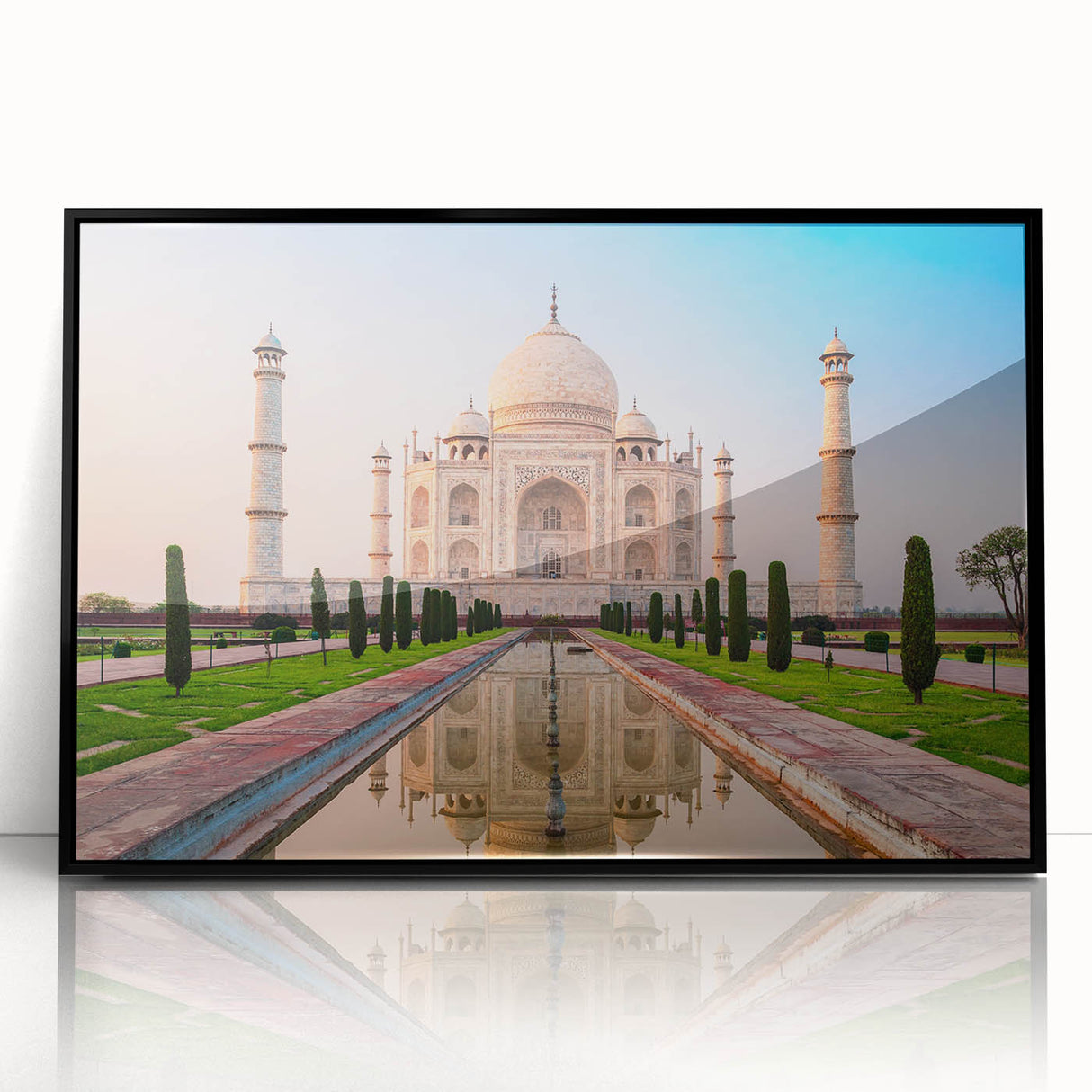 Large abstract wall art depicting a vibrant Indian landscape in acrylic, framed in black, suitable for modern decor.