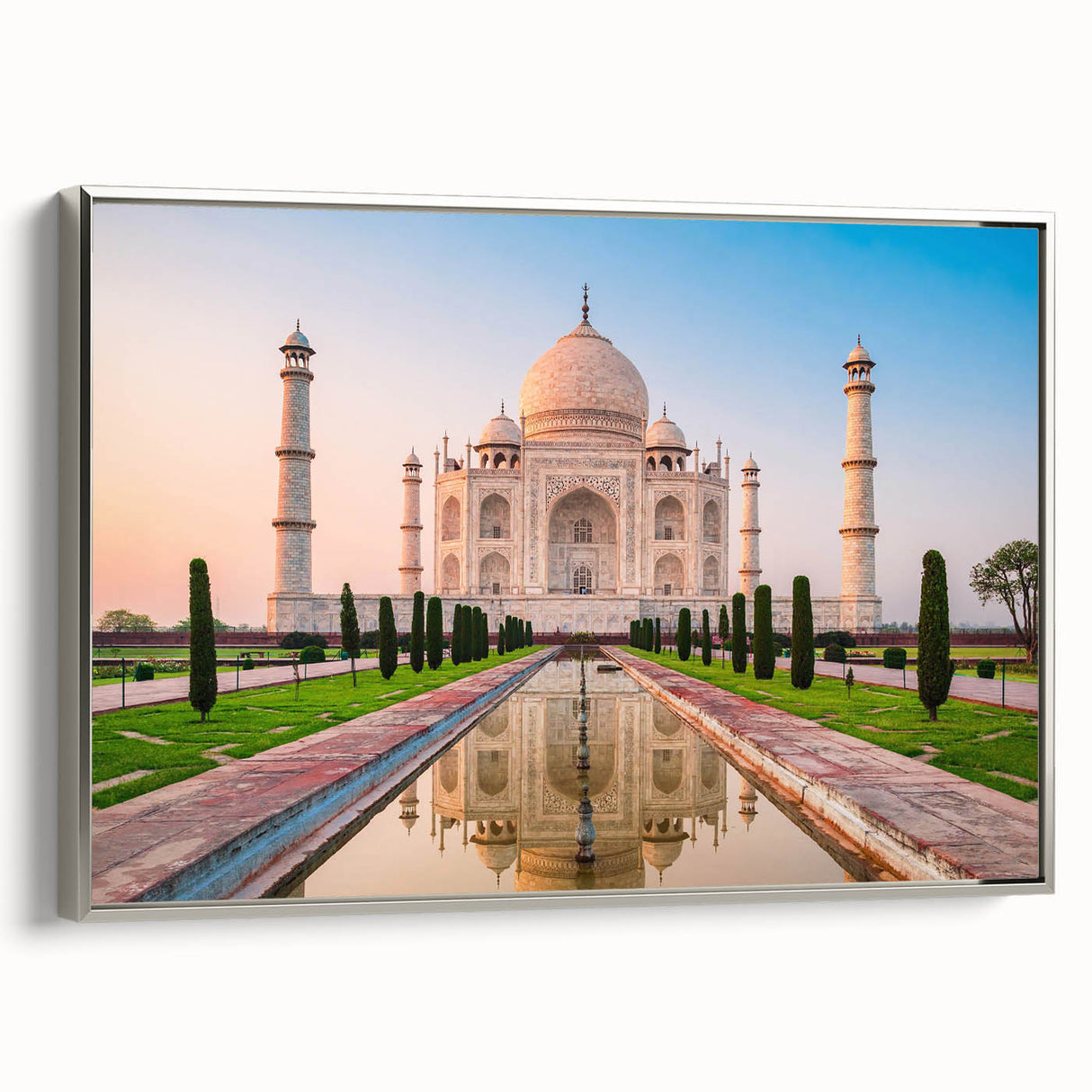 Framed canvas featuring a colorful landscape art painting of an Indian scenery in vintage poster style.