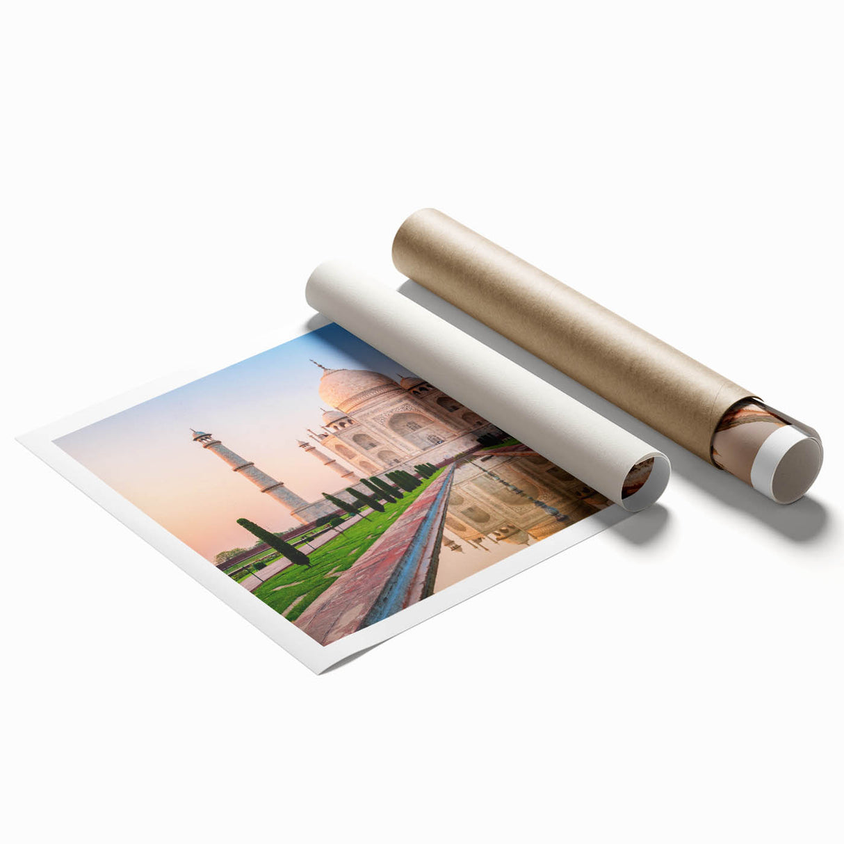 Extra large rolled print of a serene Indian landscape with lush florals in soft earth tones.