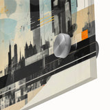 Large abstract depiction of London in muted gray and blue, acrylic on glass, ideal for dining room art.