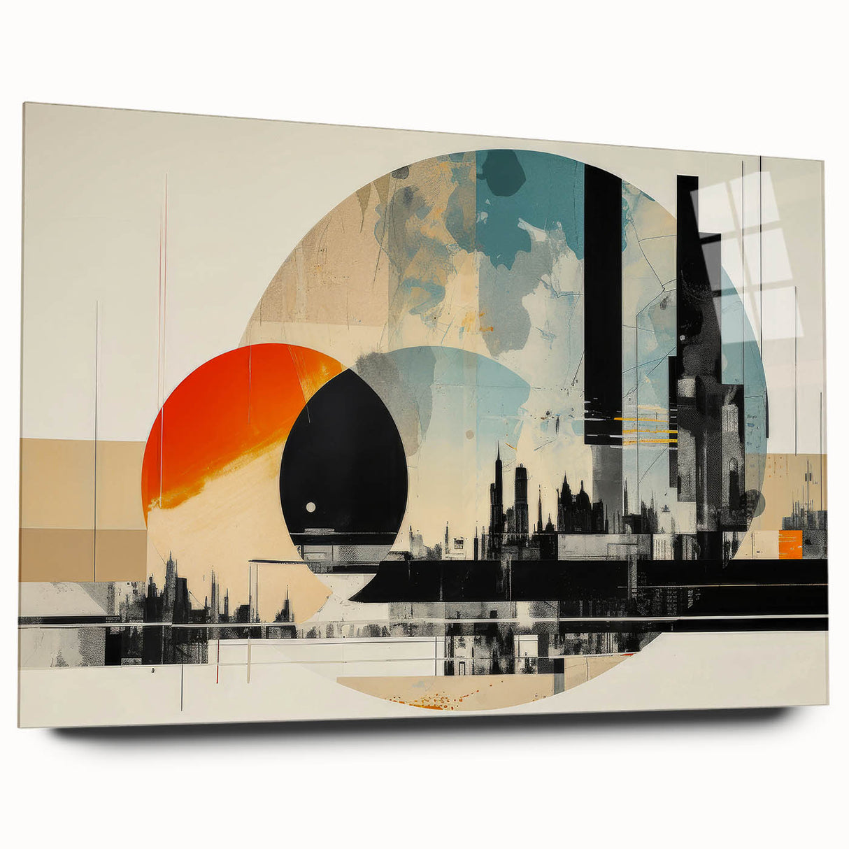 Large abstract wall art of London scenery on acrylic glass, in blue and gray tones, ideal for bedroom or dining room decor.