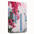 Large abstract wall art in vibrant orange and blue tones on acrylic glass, ideal for modern dining room decor.