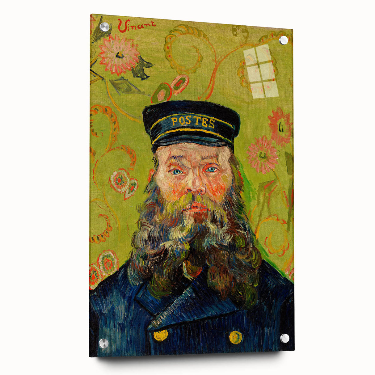 Large abstract wall art on acrylic glass depicting vibrant swirls in blue and yellow.
