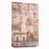 Abstract architectural wall art displayed in a side view, featuring vibrant colors and geometric shapes, mounted with decorative pins on acrylic glass. Perfect for modern home decor.