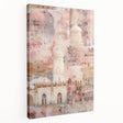 Abstract architectural wall art displayed on stretched canvas, showcasing geometric shapes and vibrant colors, ideal for modern home decor. The side view highlights the canvas texture and depth, enhancing visual appeal.