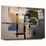 Abstract geometric acrylic glass artwork displaying vibrant colors and intricate patterns, shown from a side view, highlighting its modern design and sleek finish.