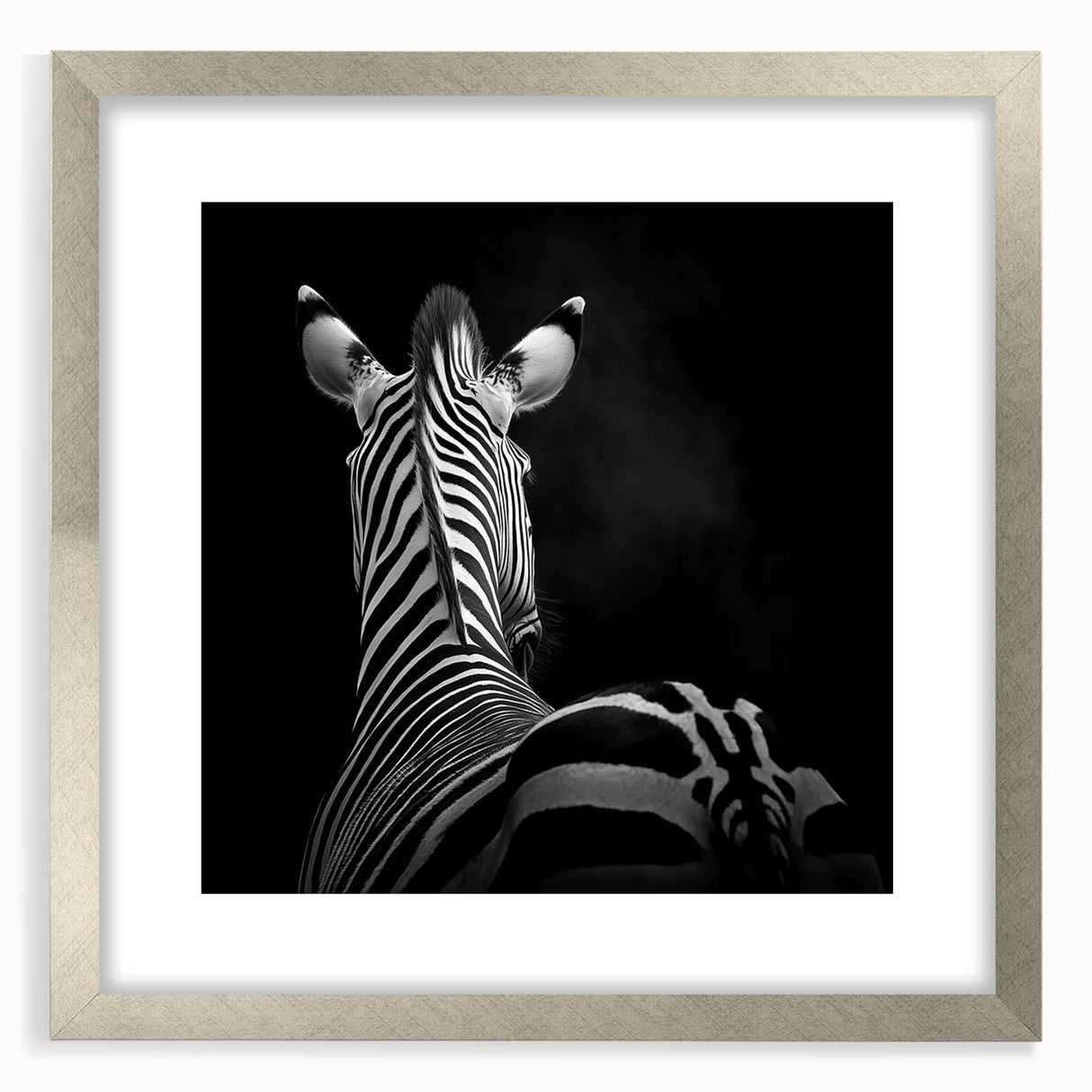 Framed silver animal art print showcasing a detailed illustration of various wildlife, enhanced by a white mat, perfect for home decor and nature enthusiasts.