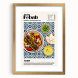 Extra large framed abstract art print featuring textured food dishes in gold tones, ideal for living room decor.