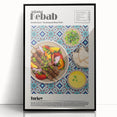 Large abstract wall art featuring assorted food dishes in muted earth tones on a framed acrylic, ideal for dining room decor.