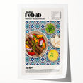 Rolled print featuring an assortment of detailed food dishes in muted earth tones, suitable for dining room decor.
