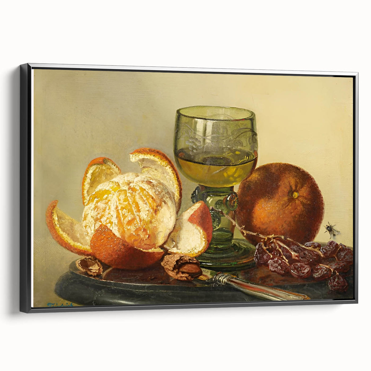 Black and white wall art featuring a vintage poster of a landscape painting on framed canvas, ideal for bedroom decor.