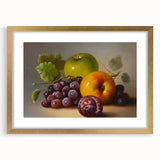 Extra large abstract art print featuring textured fruits in vibrant colors, framed in gold, ideal for living room decor.