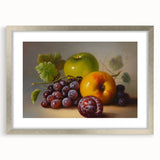 Textured abstract art print featuring assorted fruits in muted colors, framed in silver, ideal for bedroom art.