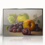Mid-century modernist art featuring assorted fruits in vibrant colors on a silver-framed acrylic print.