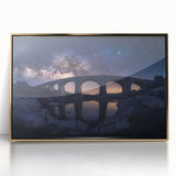 Framed acrylic artwork depicting a stunning landscape bridge scene with golden hues, perfect for adding elegance to modern home decor. Ideal for art lovers seeking unique wall enhancements.