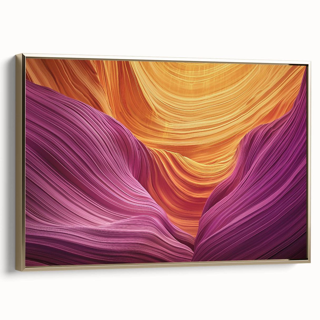 Framed canvas artwork depicting a stunning landscape of canyons with rich gold accents, showcasing intricate textures and vibrant colors, perfect for home decor.