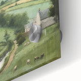 Close-up of vibrant landscape wall art showcasing rolling green hills and a serene blue sky, designed with acrylic glass for a modern touch in home decor.