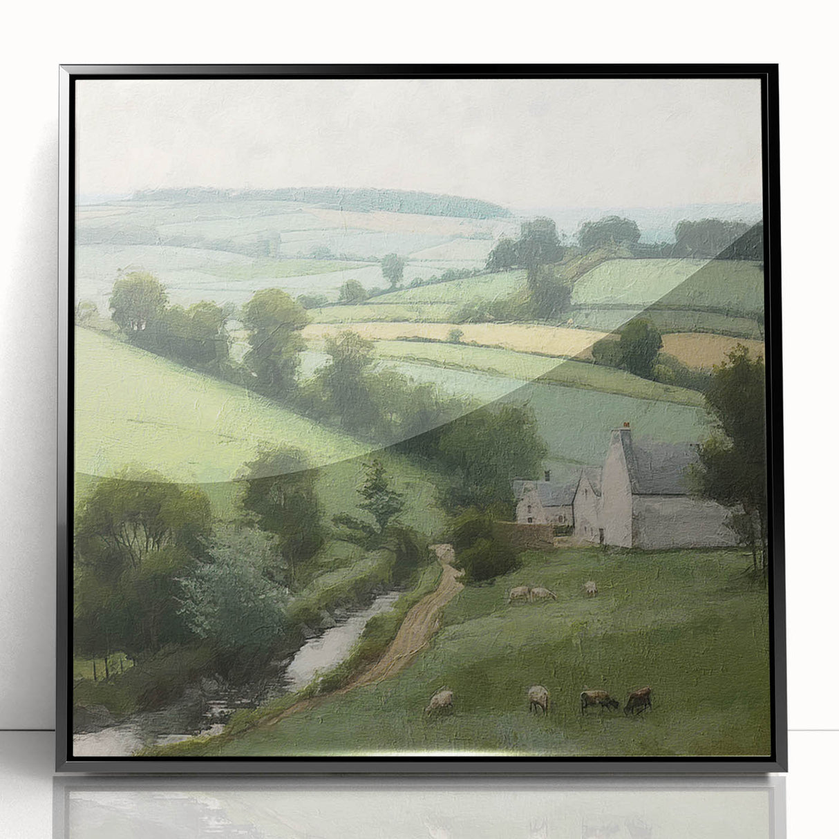 Framed landscape wall art showcasing a serene countryside scene in vibrant colors, featuring a black frame with acrylic glass for a sleek, modern look. Perfect for enhancing home decor with a touch of nature-inspired elegance.